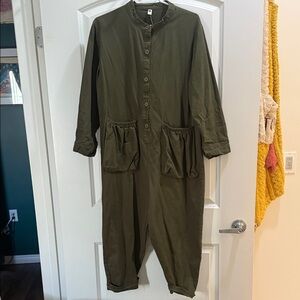 Olive Green Button Front Utility Jumpsuit